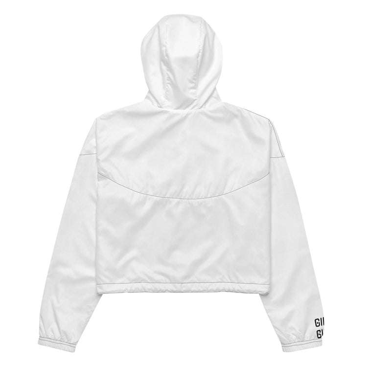 Back view of white cropped windbreaker with a hood and minimalist design, featuring lightweight and breathable fabric for comfort.