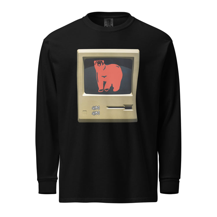 Black TV Bear shirt with retro computer screen and red bear graphic, displayed on a mannequin. Made from durable garment-dyed heavyweight cotton.