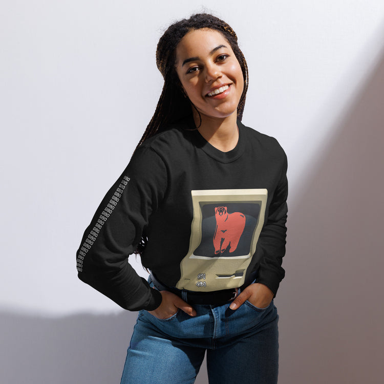 Woman smiling while wearing black TV Bear shirt with retro computer screen and red bear graphic. Durable garment-dyed heavyweight cotton.