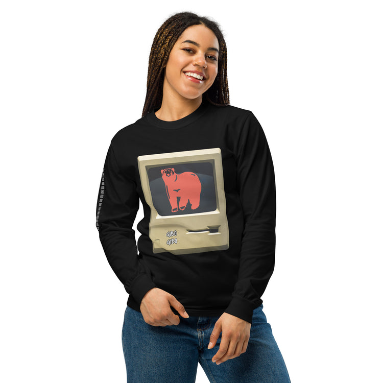 Woman posing in black TV Bear shirt featuring a retro computer screen and red bear graphic. Durable and comfortable heavyweight cotton.