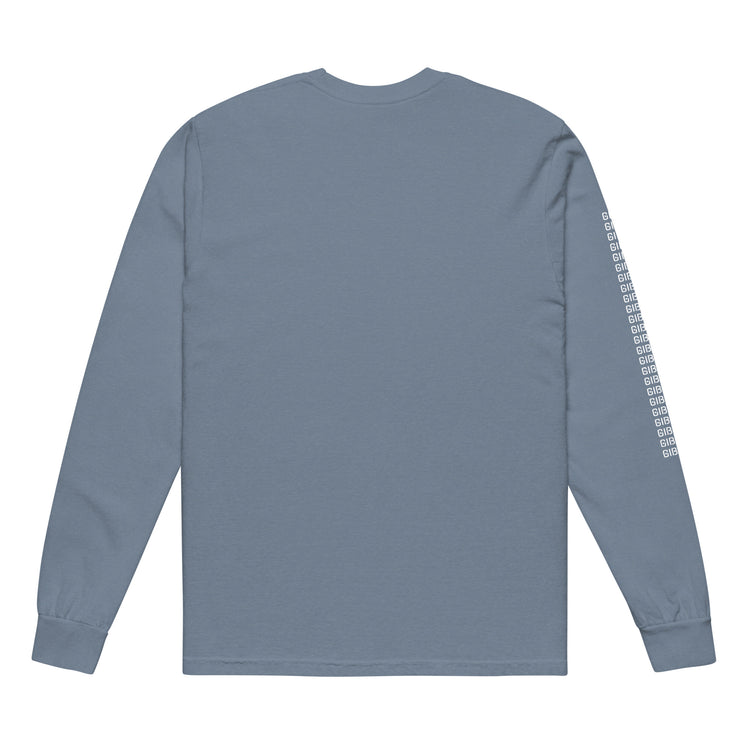 Back view of slate blue TV Bear shirt with plain design and GIBO text on the sleeve. Durable and stylish garment-dyed heavyweight cotton.
