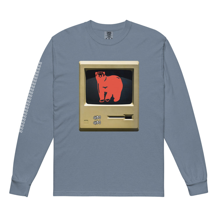 Slate blue long-sleeve TV Bear shirt featuring a retro computer screen with a red bear graphic. Unisex garment-dyed heavyweight cotton for a relaxed fit.