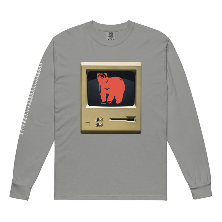 Gray long-sleeve TV Bear shirt featuring a retro computer screen with a red bear graphic. Unisex garment-dyed heavyweight cotton for durability.