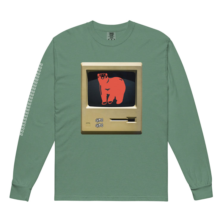 Green long-sleeve TV Bear shirt with a retro computer screen and red bear graphic. Made from unisex garment-dyed heavyweight cotton for comfort.