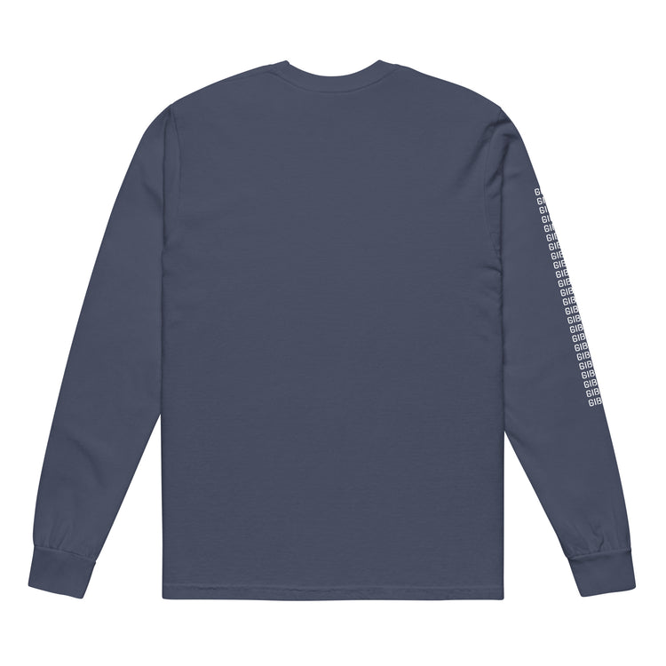 Back view of navy blue TV Bear shirt with plain design and GIBO text on the sleeve. Comfortable and durable heavyweight cotton material.