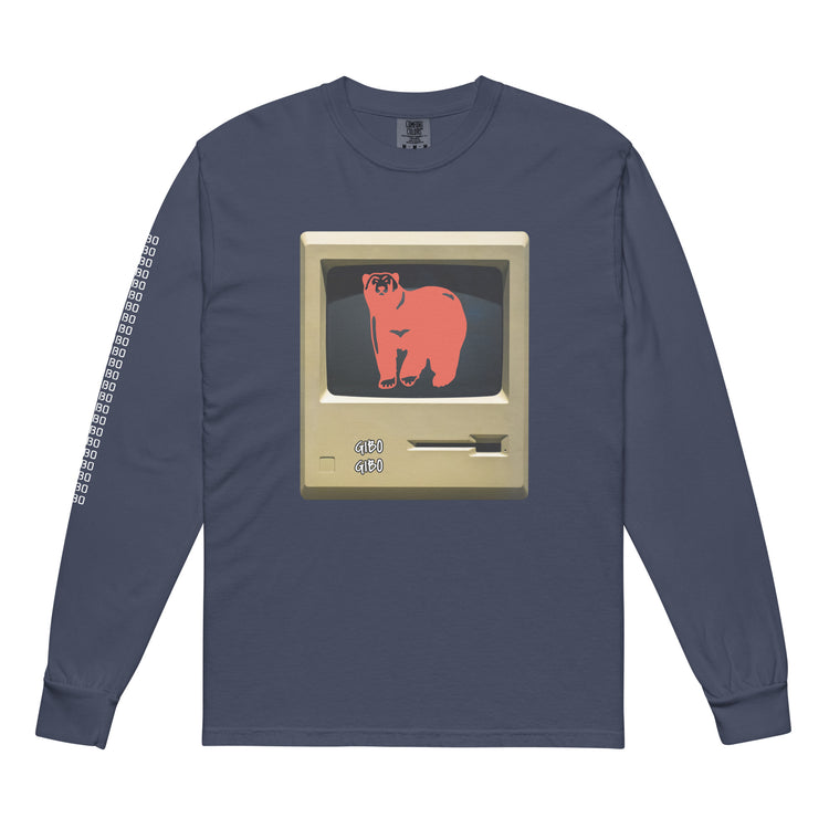 Navy blue long-sleeve TV Bear shirt with a retro computer screen and red bear graphic. Made from unisex garment-dyed heavyweight cotton.