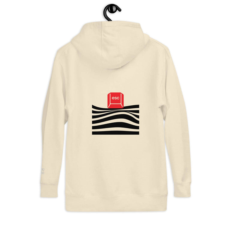 Back view of the white hoodie with a red &