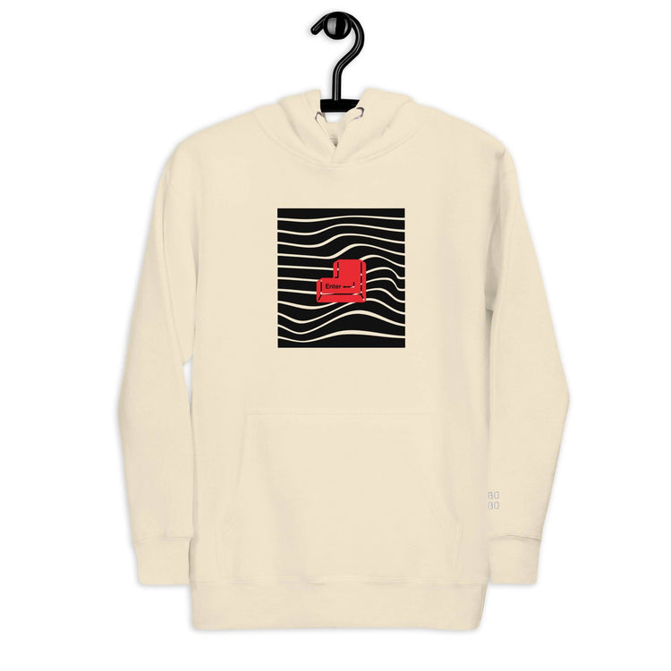 Beige unisex hoodie showcasing a red &