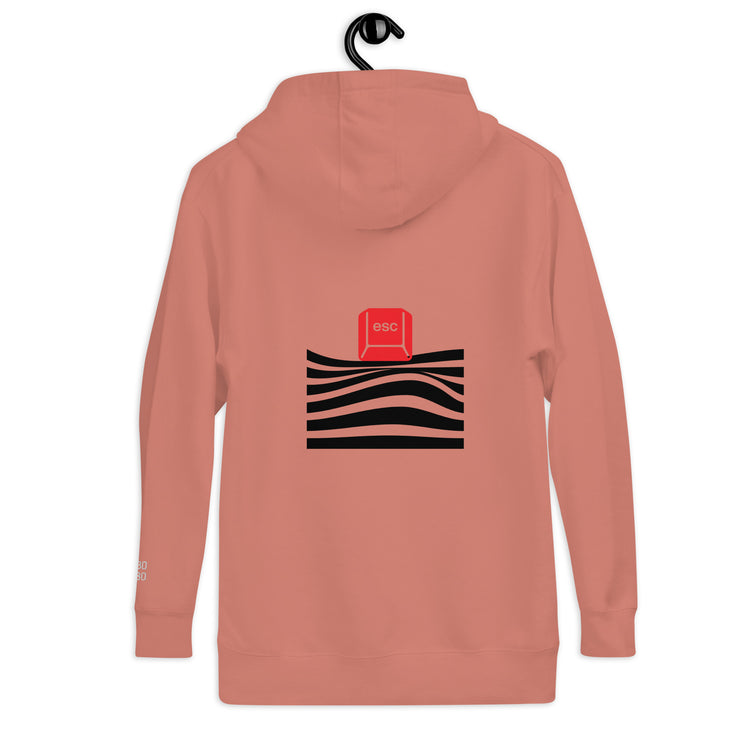 Back view of the peach hoodie with a red &