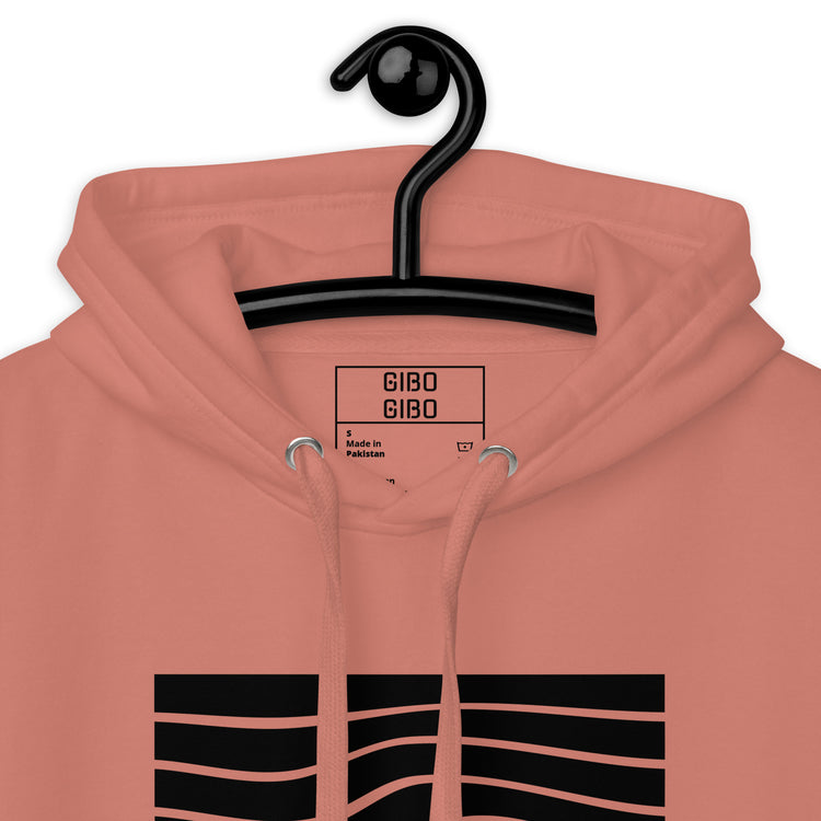 Close-up of the peach hoodie’s hood and label, showcasing the quality stitching and stylish design.