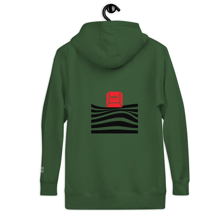 Back view of the green hoodie with a red &