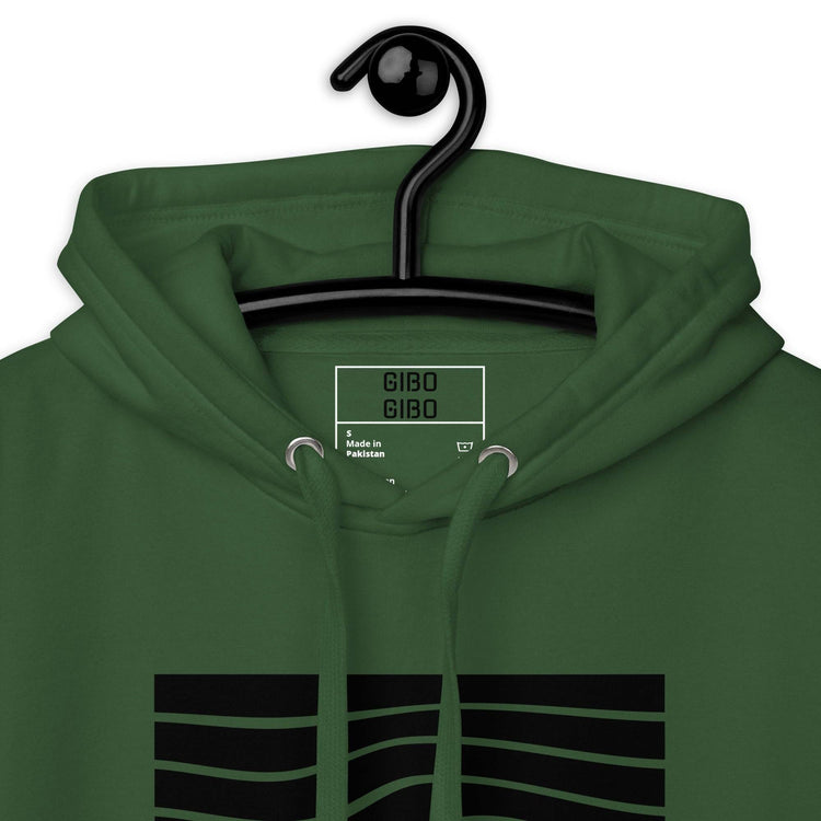 Close-up of the green hoodie’s hood and label, showcasing the premium fabric and attention to detail.