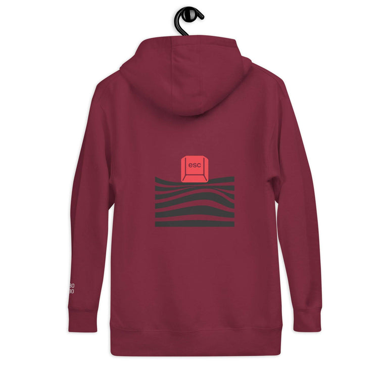 Back view of the maroon hoodie with a red &