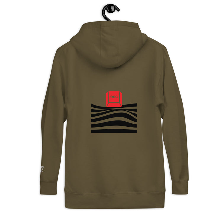 Back view of the olive hoodie showcasing a red &