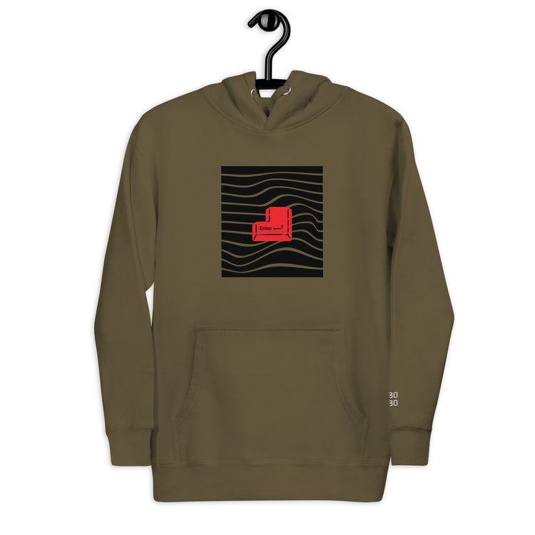 Olive unisex hoodie featuring a red &