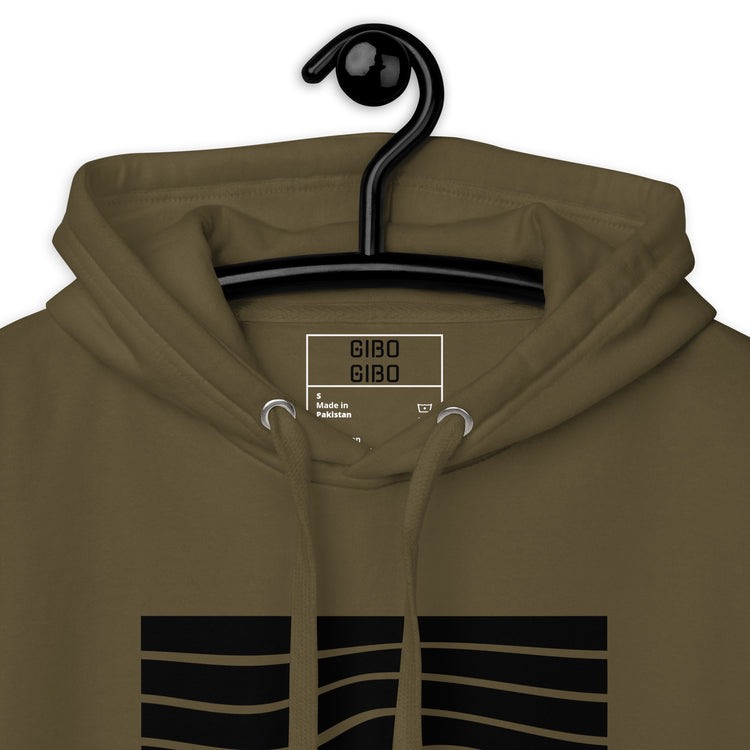 Close-up of the olive hoodie’s hood and label, highlighting the high-quality stitching and design details.