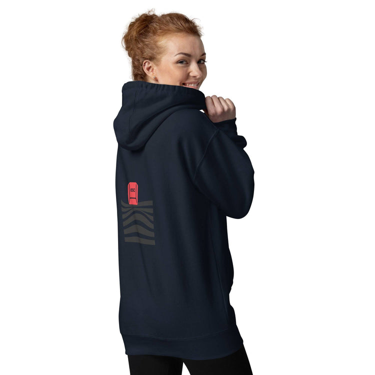 Male model in a navy blue hoodie featuring a red &