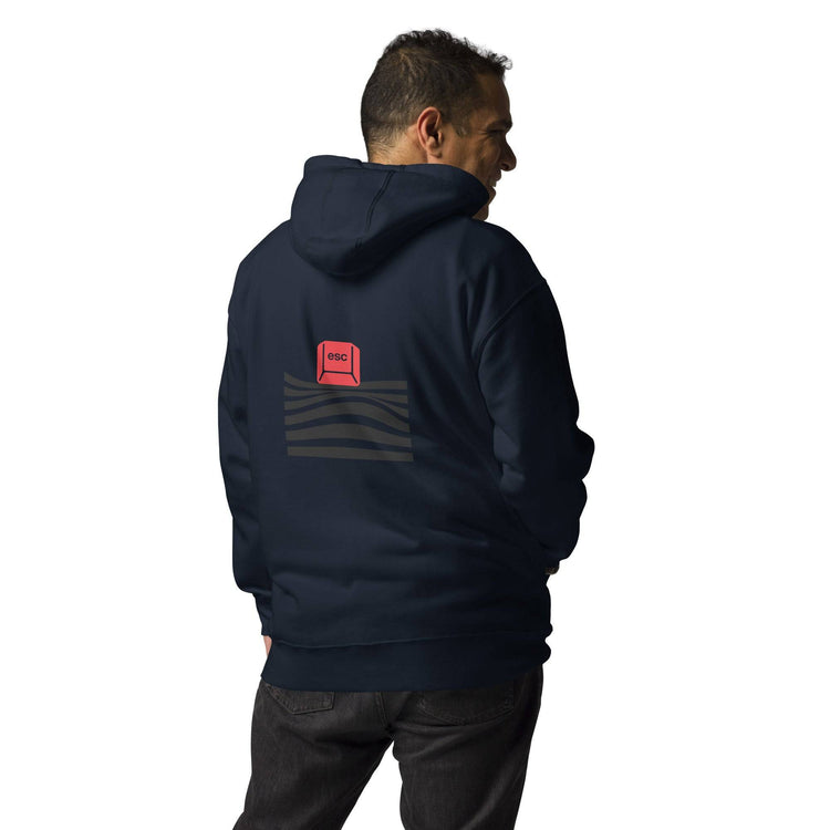 Male model wearing a navy blue hoodie with a red &