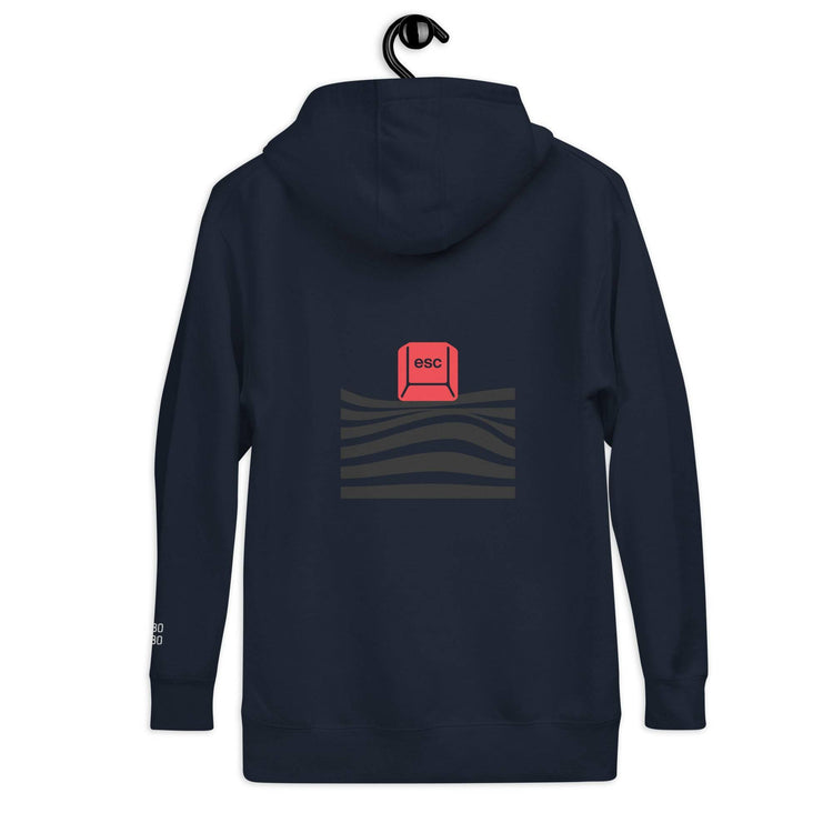Back view of the navy blue hoodie featuring a red &