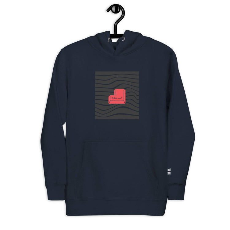Navy blue unisex hoodie with a striking red &
