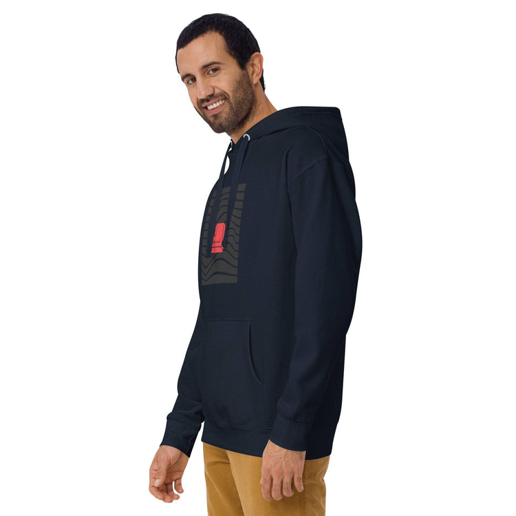 Side view of a male model in a navy blue hoodie with a red &