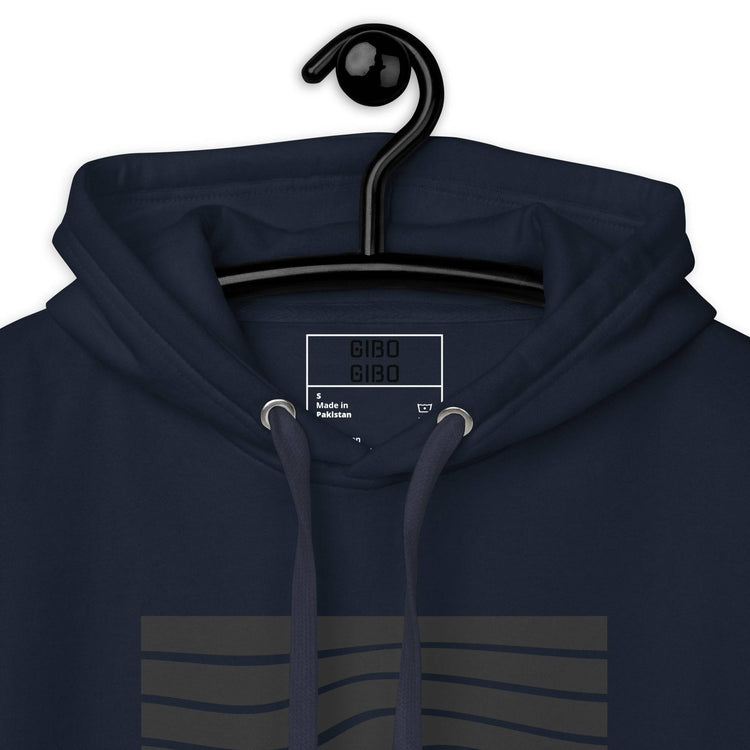Close-up of the navy blue hoodie’s hood and inner label, highlighting the quality stitching and design details.