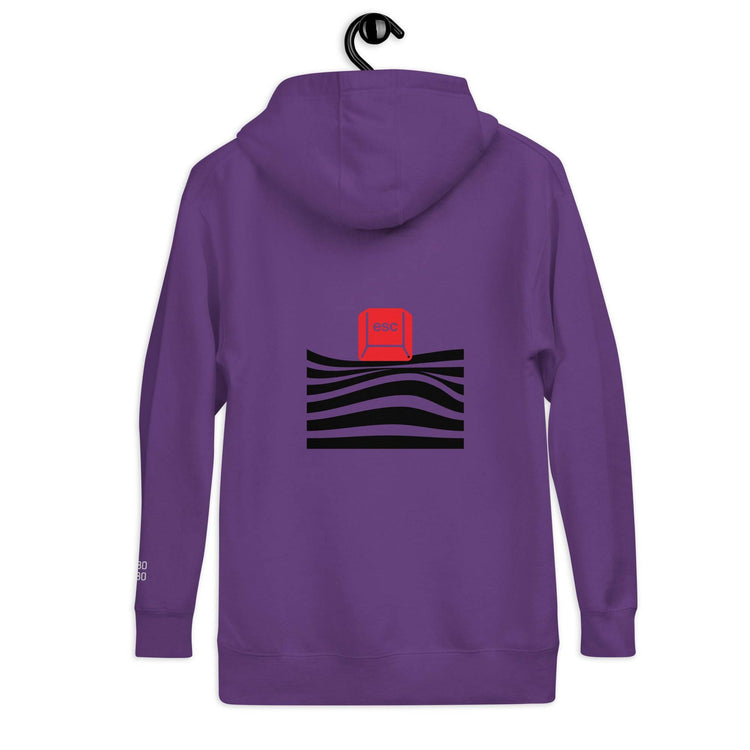 Back view of the purple hoodie featuring a red &