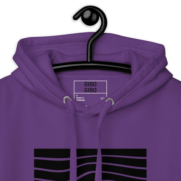Close-up of the purple hoodie’s hood and inner label, emphasizing the quality craftsmanship and design.