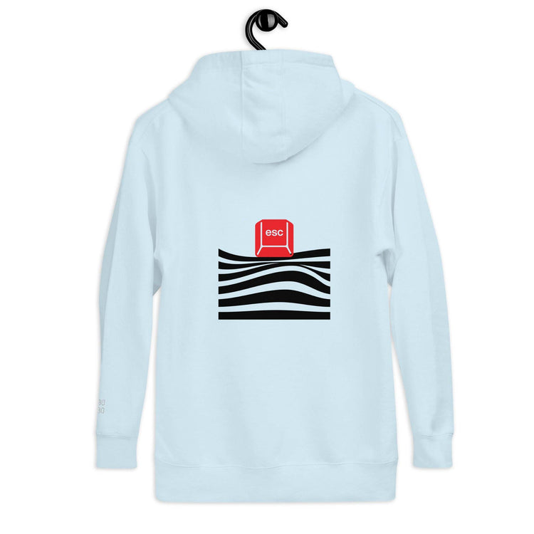 Back view of the light blue hoodie featuring a red &