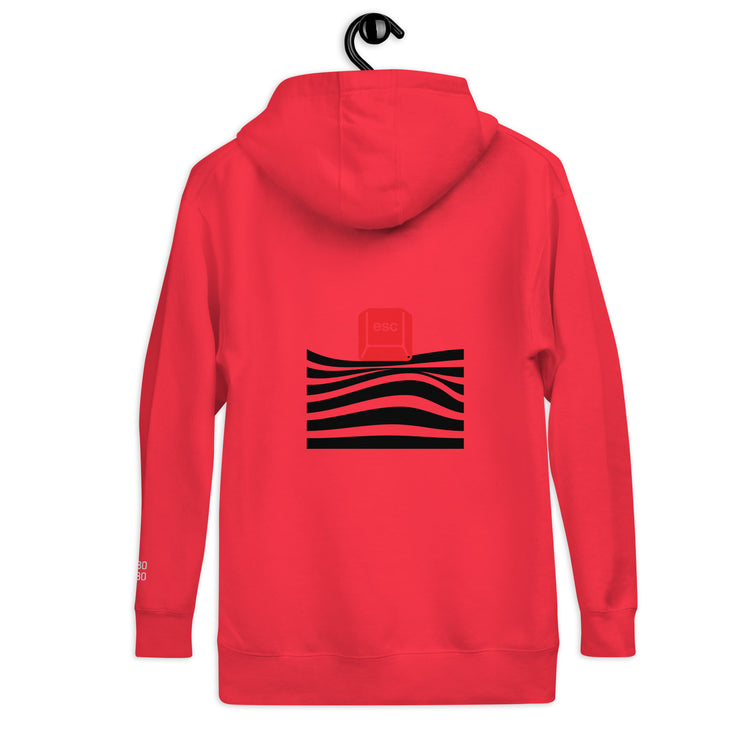 Back view of the red hoodie with a red &