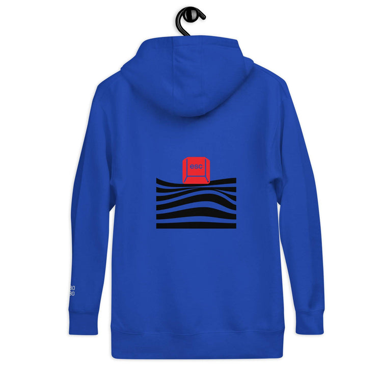 Back view of the royal blue hoodie showcasing a red &