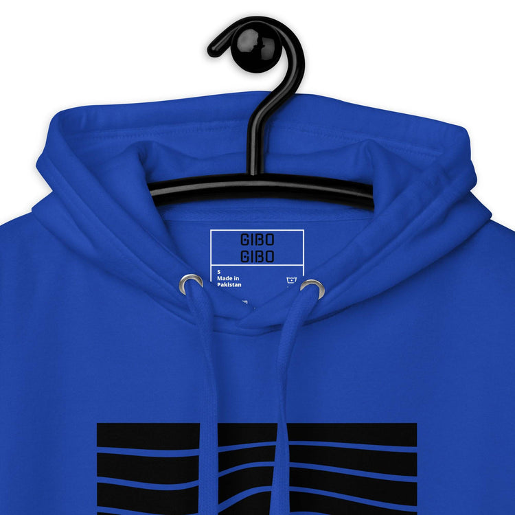 Close-up of the royal blue hoodie’s hood and inner label, highlighting the premium stitching and design details.
