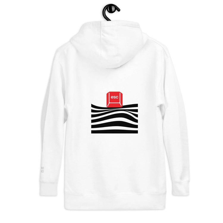 Model wearing a navy blue hoodie with a red &