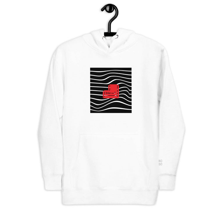 White unisex hoodie with a bold red &