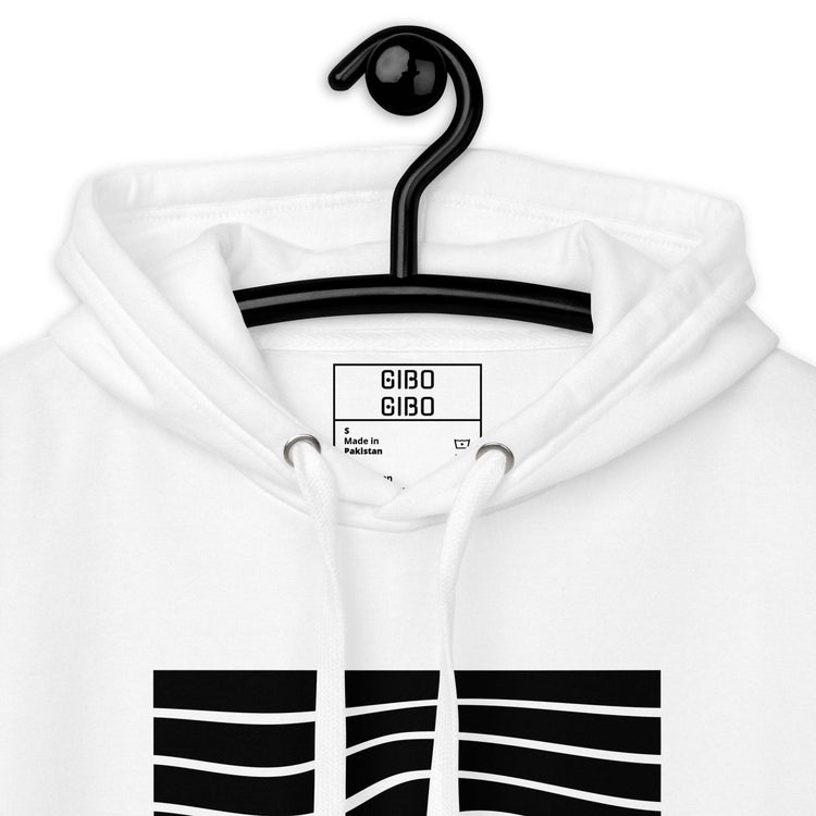 Close-up of the white hoodie’s hood and label, emphasizing the premium fabric and detailed craftsmanship.