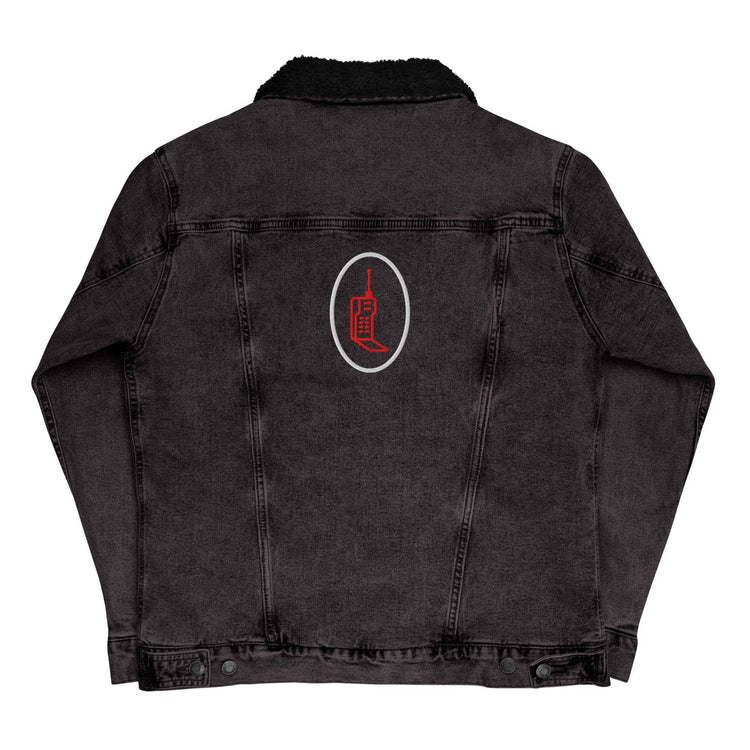Back view of black denim sherpa jacket with embroidered red phone graphic. Sustainable design with durable stitching and classic fit.