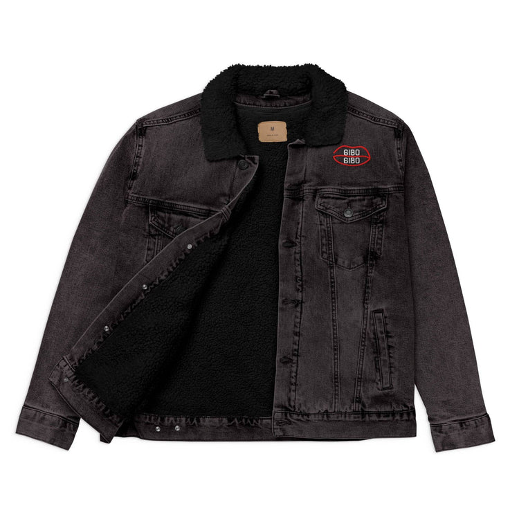Black denim sherpa jacket with open front showing eco-friendly black wool lining. Features red chest logo and dual chest pockets.