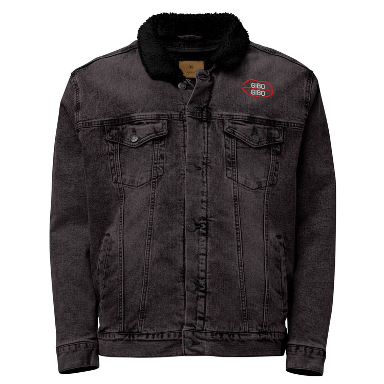 Black denim sherpa jacket with eco-friendly black wool lining, red chest logo, and dual chest pockets. Sustainable and stylish outerwear.