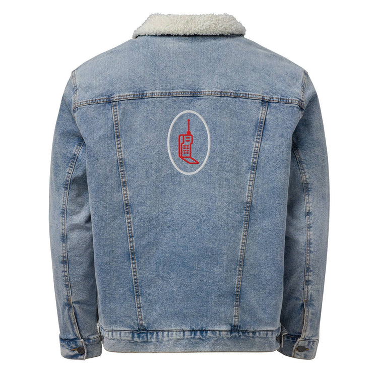 Back view of light blue denim sherpa jacket with embroidered red phone graphic. Sustainable design with durable stitching and classic fit.