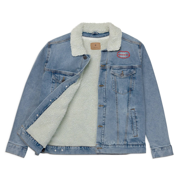 Light blue denim sherpa jacket with open front showing eco-friendly white wool lining. Features red chest logo and dual chest pockets.