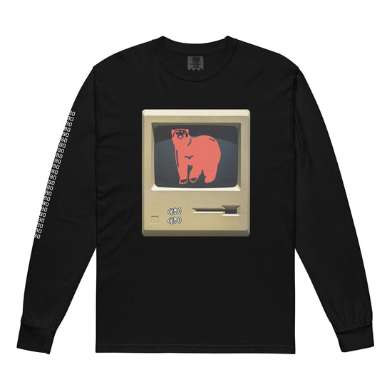 Black long-sleeve TV Bear shirt featuring a retro computer screen with a red bear graphic. Unisex garment-dyed heavyweight cotton for durability.