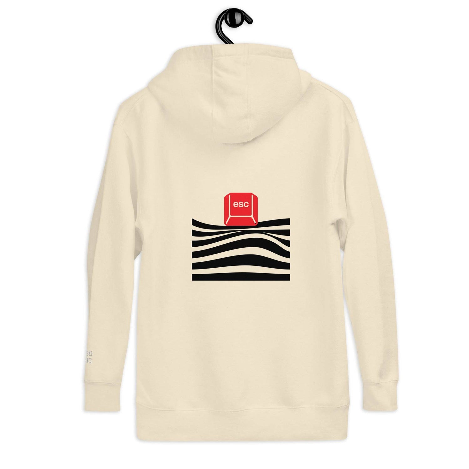 Back view of the white hoodie with a red &