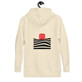 Back view of the white hoodie with a red &