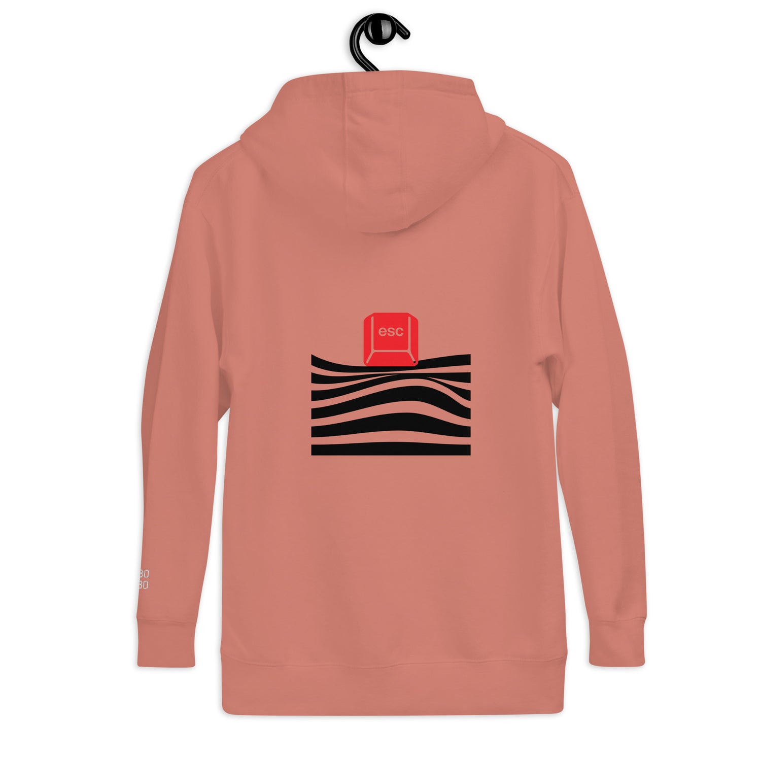 Back view of the peach hoodie with a red &
