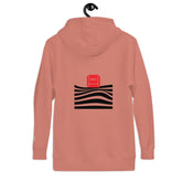 Back view of the peach hoodie with a red &
