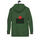 Back view of the green hoodie with a red &
