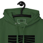Close-up of the green hoodie’s hood and label, showcasing the premium fabric and attention to detail.