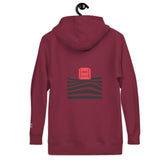 Back view of the maroon hoodie with a red &