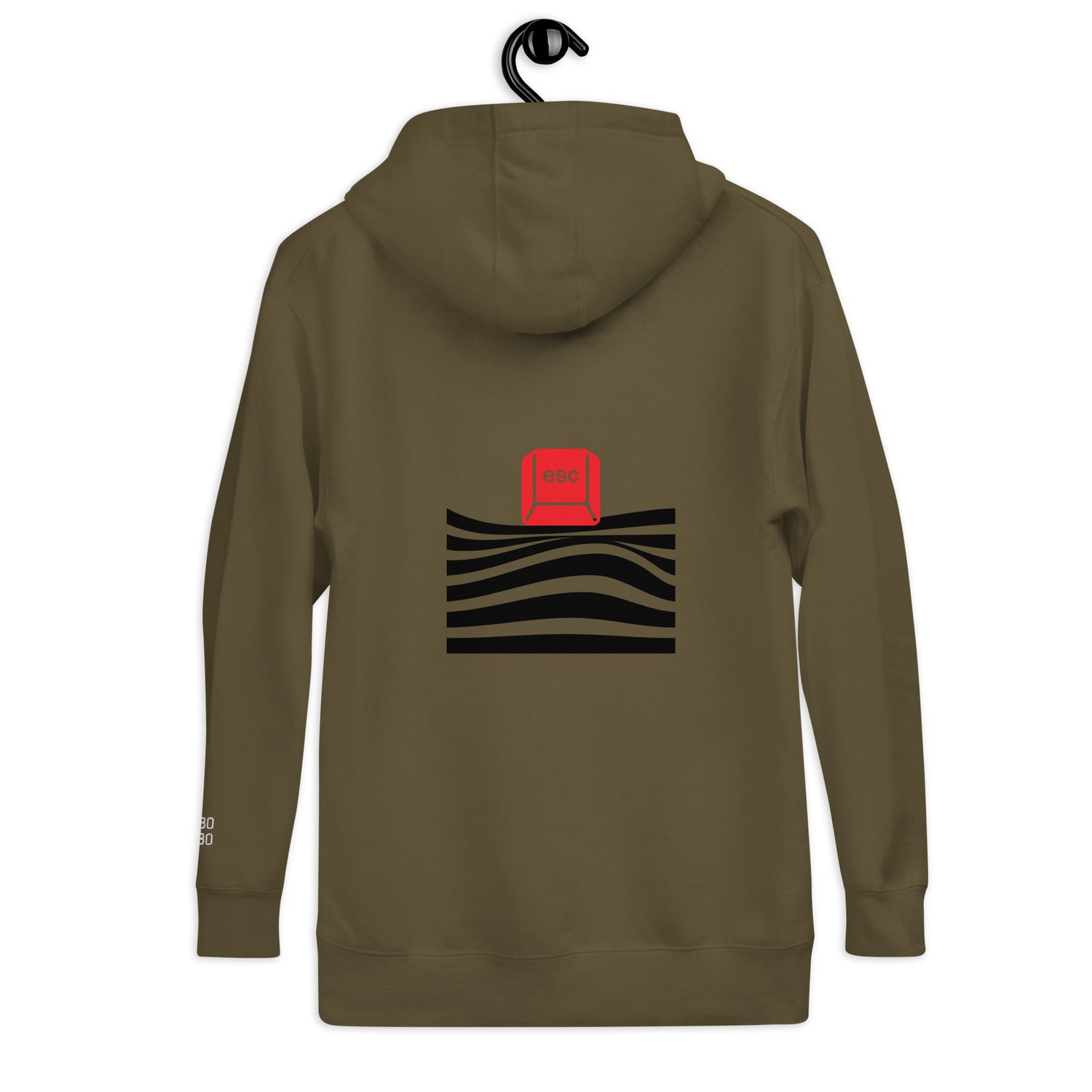 Back view of the olive hoodie showcasing a red &