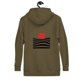 Back view of the olive hoodie showcasing a red &
